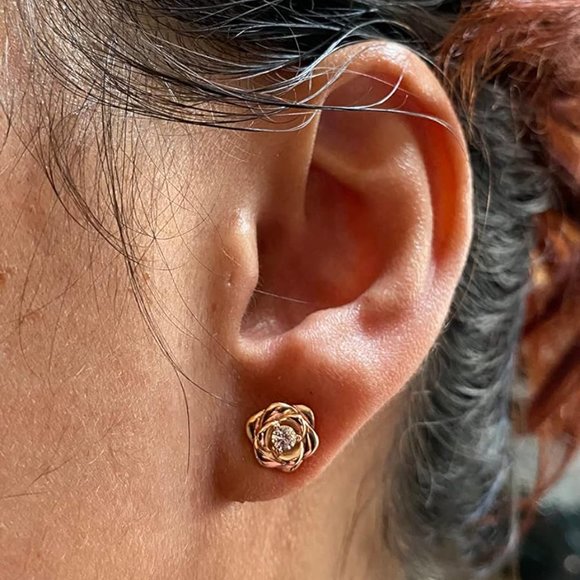 Women's Gold Plated Sterling Silver Rose Flower Earring - Picture 7 of 11